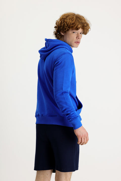 Saks Mavi Kapüşonlu Nakışlı Pamuklu Sweatshirt