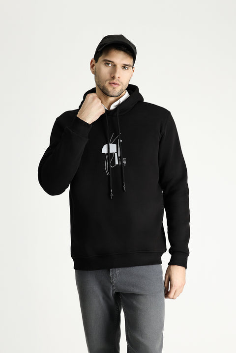 Siyah Regular Fit Kapüşonlu Baskılı Pamuklu Sweatshirt