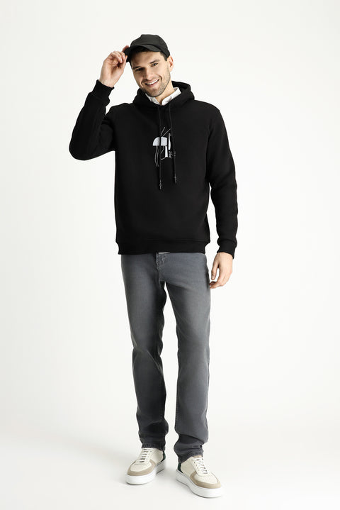 Siyah Regular Fit Kapüşonlu Baskılı Pamuklu Sweatshirt