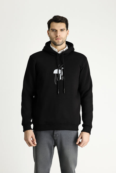 Siyah Regular Fit Kapüşonlu Baskılı Pamuklu Sweatshirt