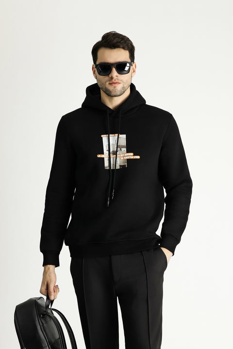 Siyah Regular Fit Kapüşonlu Baskılı Pamuklu Sweatshirt