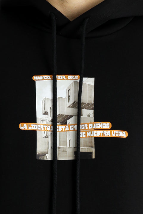 Siyah Regular Fit Kapüşonlu Baskılı Pamuklu Sweatshirt