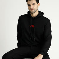 Siyah Kapüşonlu Regular Fit Pamuklu Nakışlı 3 İplik Sweatshirt