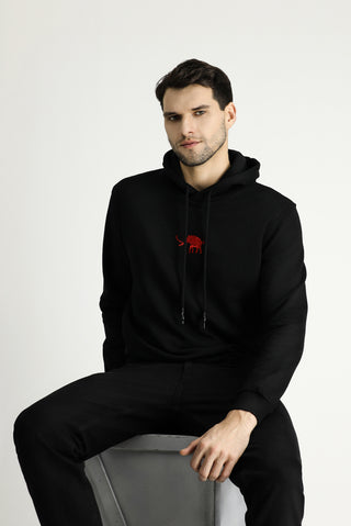  Siyah Kapüşonlu Regular Fit Pamuklu Nakışlı 3 İplik Sweatshirt