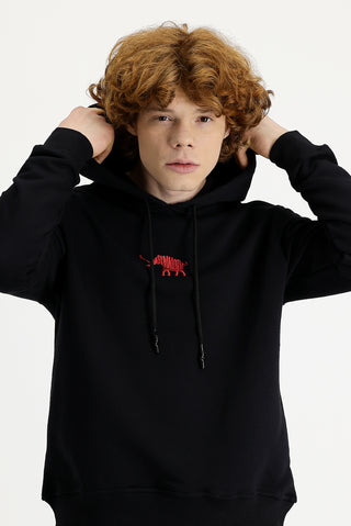  Siyah Kapüşonlu Regular Fit Pamuklu Nakışlı 3 İplik Sweatshirt