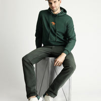 Koyu Yeşil Kapüşonlu Regular Fit Pamuklu Nakışlı 3 İplik Sweatshirt