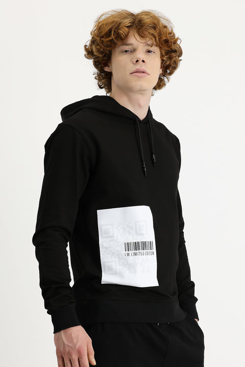 Siyah Kapüşonlu Baskılı Pamuklu Sweatshirt