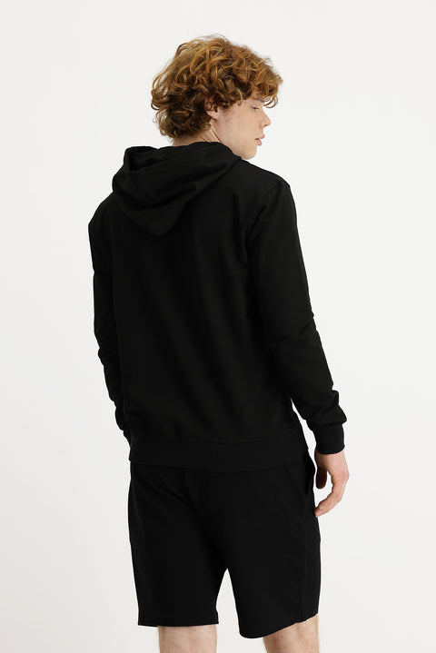 Siyah Kapüşonlu Baskılı Pamuklu Sweatshirt