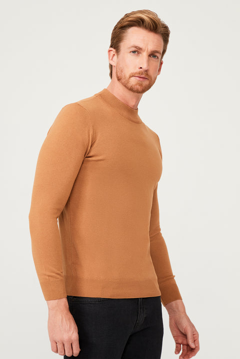 Camel Half Turtleneck Regular Fit Knit Sweater