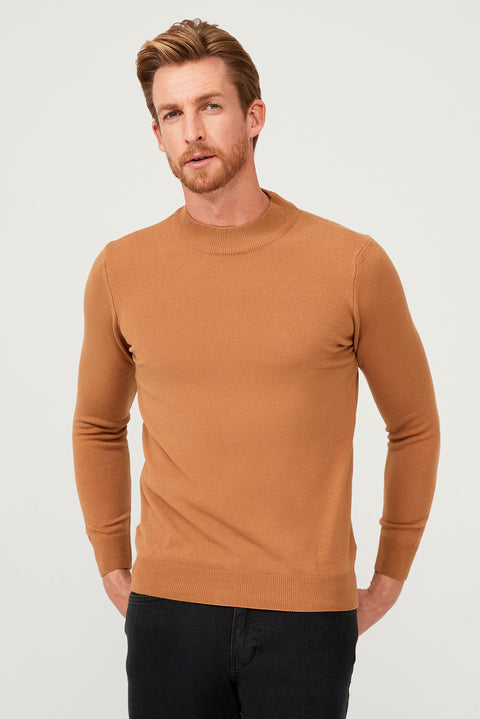 Camel Half Turtleneck Regular Fit Knit Sweater