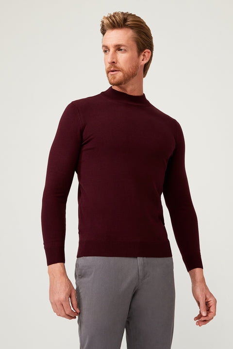 Dark Burgundy Half Turtleneck Regular Fit Knitted Sweater
