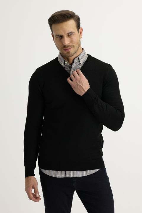 Black V-Neck Regular Fit Knit Sweater