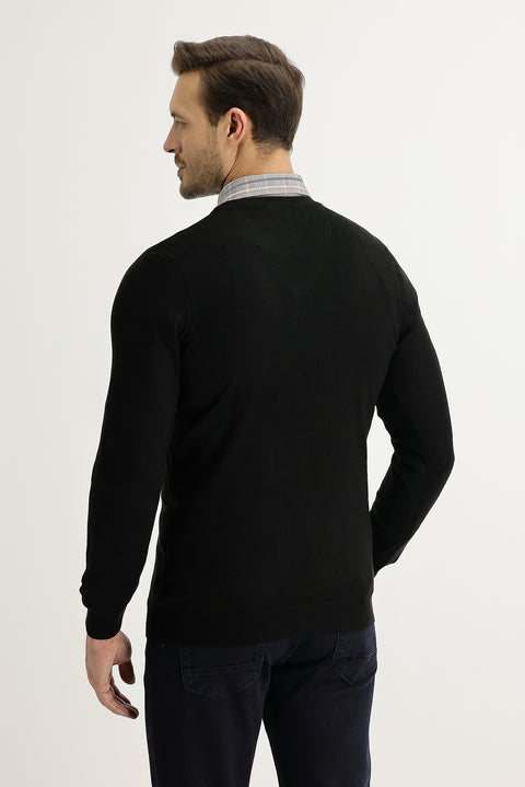 Black V-Neck Regular Fit Knit Sweater