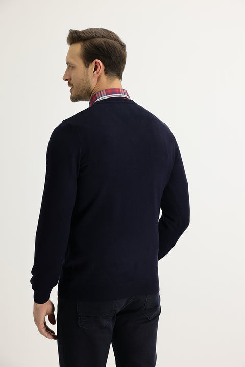 Medium Navy V-Neck Regular Fit Knitted Sweater
