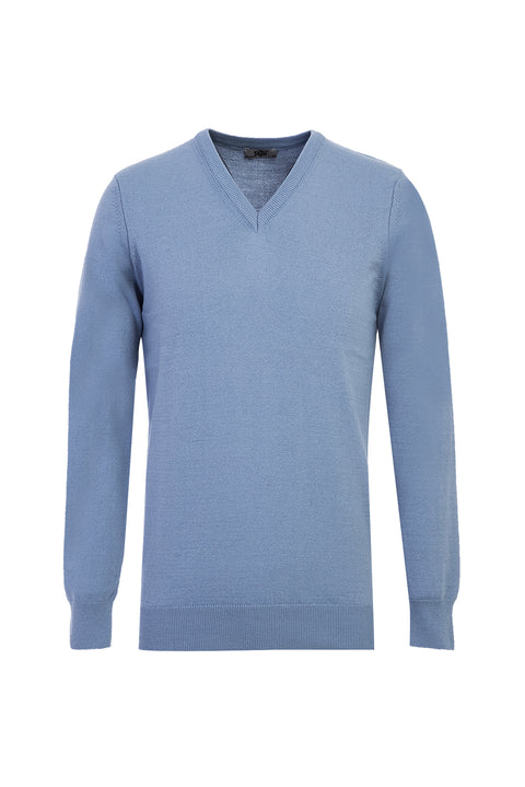 Sky Blue V-Neck Regular Fit Knitted Sweater