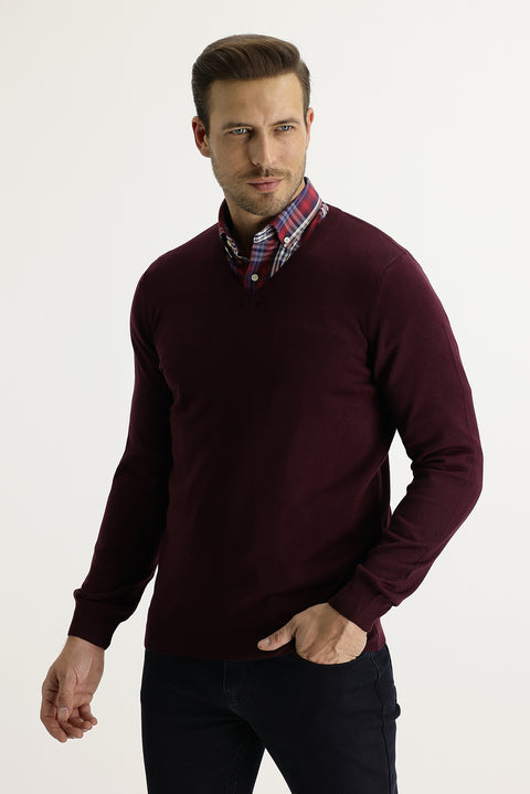 Koyu Bordo V Yaka Regular Fit Triko Kazak