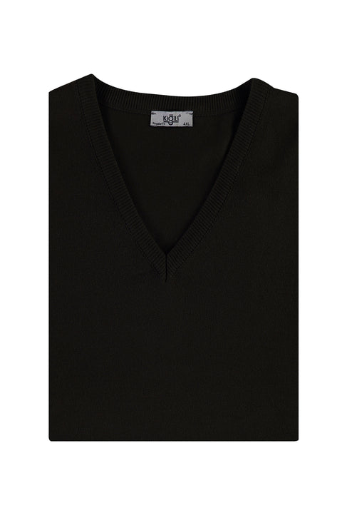 Black Plus Size V-Neck Knitted Sweater