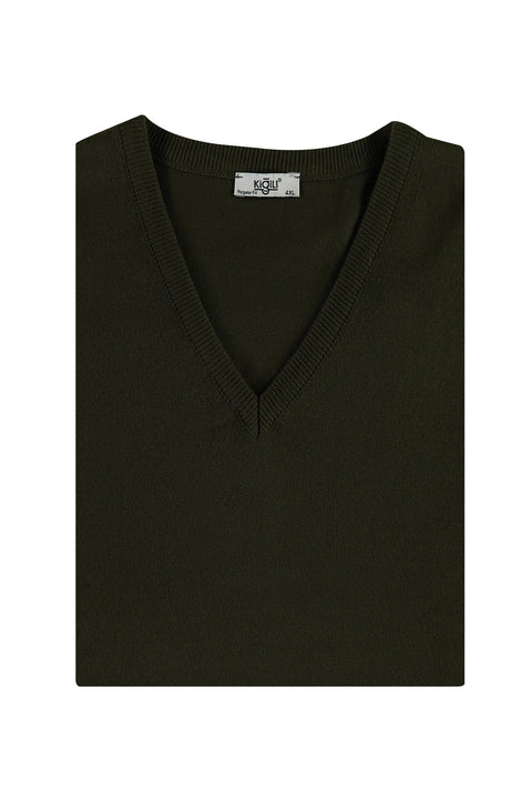 Medium Khaki Plus Size V-Neck Knit Sweater