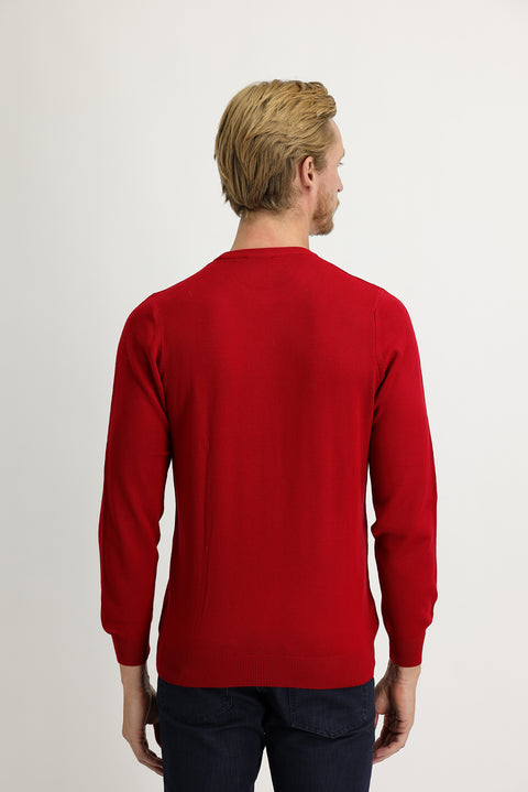 Red Crew Neck Slim Fit Narrow Cut Knit Sweater