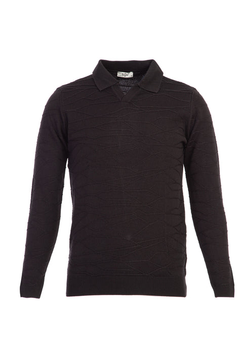 Black Polo Collar Regular Fit Patterned Knit Sweater