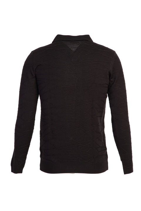 Black Polo Collar Regular Fit Patterned Knit Sweater