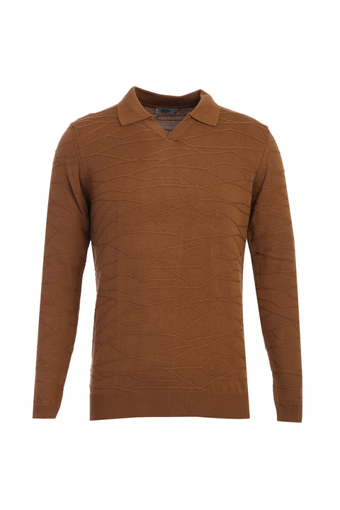 Camel Polo Collar Regular Fit Patterned Knit Sweater