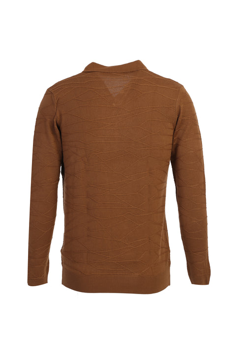 Camel Polo Collar Regular Fit Patterned Knit Sweater