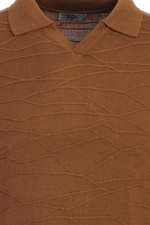 Camel Polo Collar Regular Fit Patterned Knit Sweater
