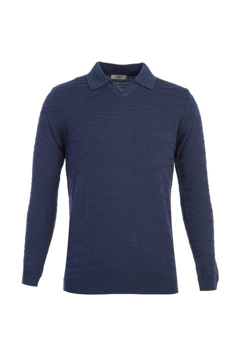 Medium Petrol Polo Collar Regular Fit Patterned Knit Sweater