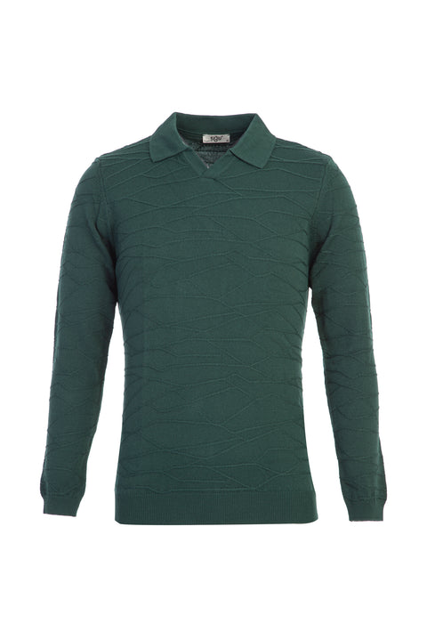 Dark Green Polo Collar Regular Fit Patterned Knit Sweater