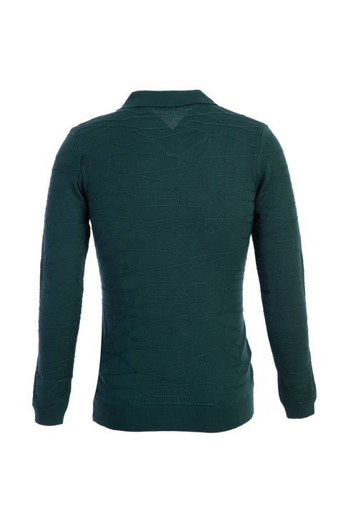 Dark Green Polo Collar Regular Fit Patterned Knit Sweater
