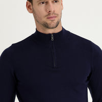 Medium Navy Half Turtleneck Regular Fit Zip-Up Patterned Cotton Knit Sweater