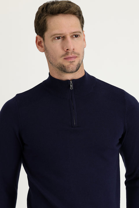 Medium Navy Half Turtleneck Regular Fit Zip-Up Patterned Cotton Knit Sweater