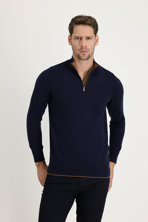 Medium Navy Half Turtleneck Regular Fit Zip-Up Patterned Cotton Knit Sweater