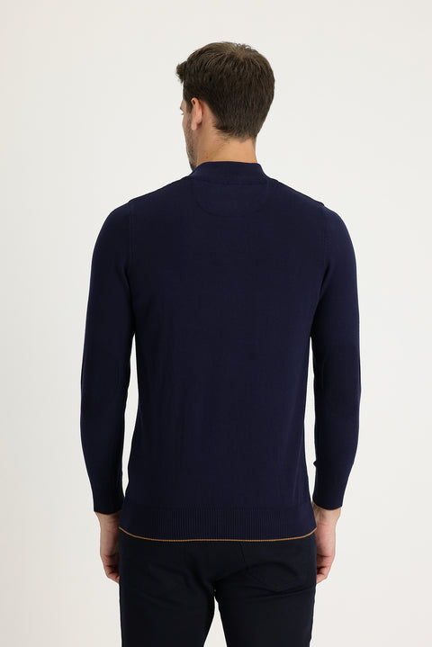 Medium Navy Half Turtleneck Regular Fit Zip-Up Patterned Cotton Knit Sweater