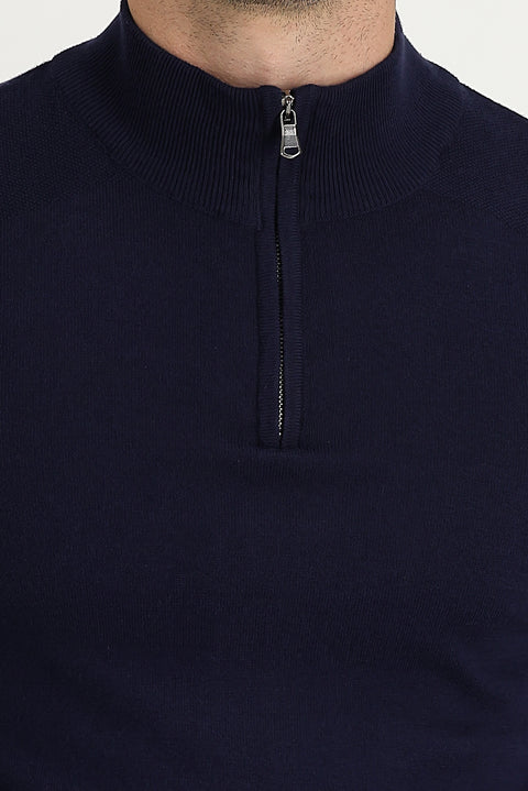Medium Navy Half Turtleneck Regular Fit Zip-Up Patterned Cotton Knit Sweater