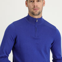 Cobalt Blue Semi-Turtleneck Regular Fit Zip-Up Patterned Cotton Knit Sweater