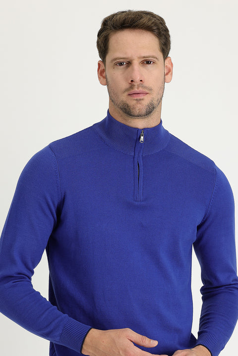 Cobalt Blue Semi-Turtleneck Regular Fit Zip-Up Patterned Cotton Knit Sweater