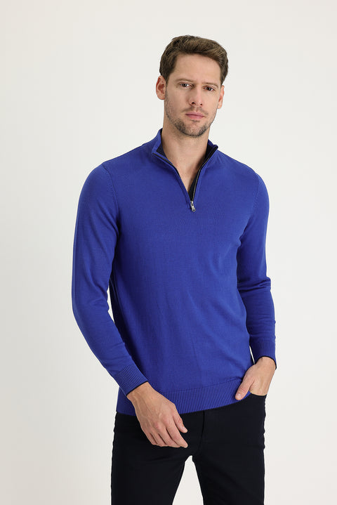 Cobalt Blue Semi-Turtleneck Regular Fit Zip-Up Patterned Cotton Knit Sweater