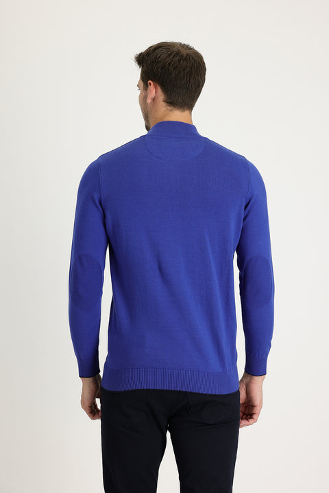 Cobalt Blue Semi-Turtleneck Regular Fit Zip-Up Patterned Cotton Knit Sweater