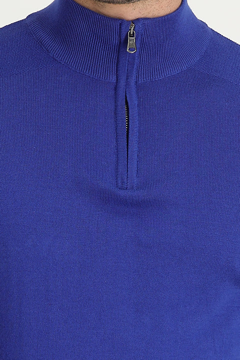 Cobalt Blue Semi-Turtleneck Regular Fit Zip-Up Patterned Cotton Knit Sweater
