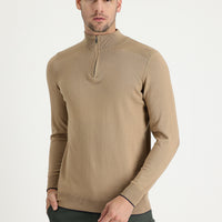 Dark Beige Half Turtleneck Regular Fit Zip-Up Patterned Cotton Knit Sweater