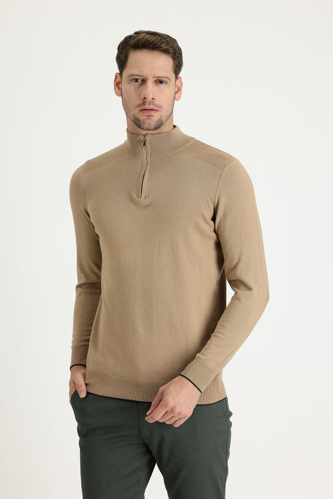 Dark Beige Half Turtleneck Regular Fit Zip-Up Patterned Cotton Knit Sweater