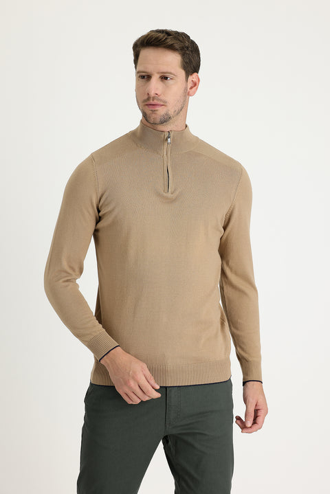 Dark Beige Half Turtleneck Regular Fit Zip-Up Patterned Cotton Knit Sweater