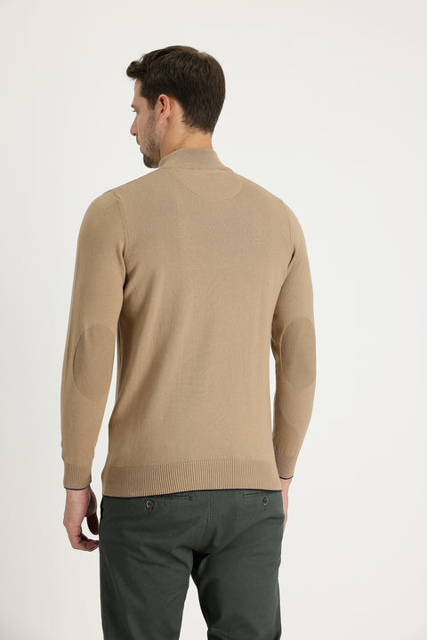 Dark Beige Half Turtleneck Regular Fit Zip-Up Patterned Cotton Knit Sweater