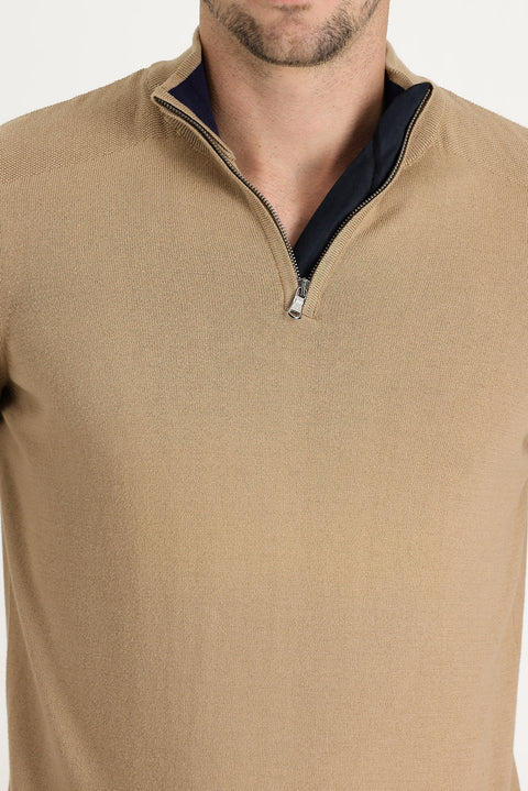 Dark Beige Half Turtleneck Regular Fit Zip-Up Patterned Cotton Knit Sweater