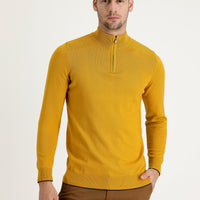 Saffron Half Turtleneck Regular Fit Zip-Up Patterned Cotton Knit Sweater