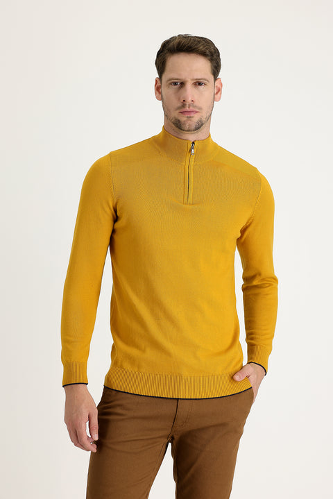 Saffron Half Turtleneck Regular Fit Zip-Up Patterned Cotton Knit Sweater