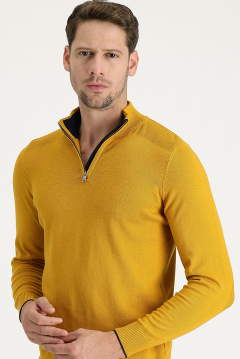 Saffron Half Turtleneck Regular Fit Zip-Up Patterned Cotton Knit Sweater
