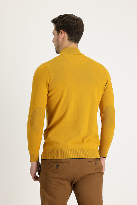 Saffron Half Turtleneck Regular Fit Zip-Up Patterned Cotton Knit Sweater